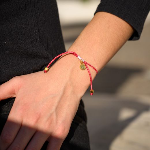 Minimal march bracelet coin detail – greek martaki red-white cord adjustable