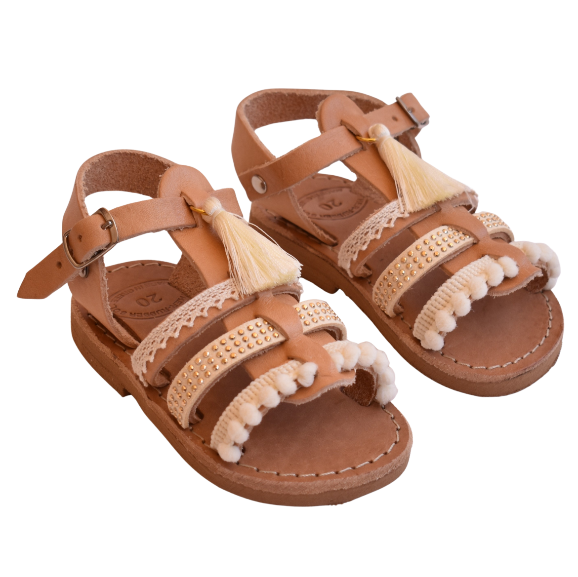 Picture of Kids leather sandals gladiator beige with tassels
