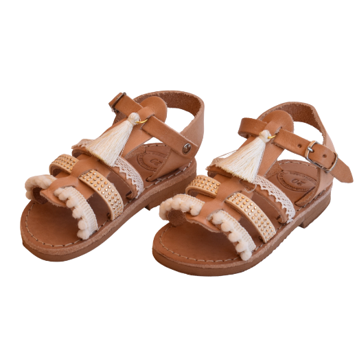 Picture of Kids leather sandals gladiator beige with tassels