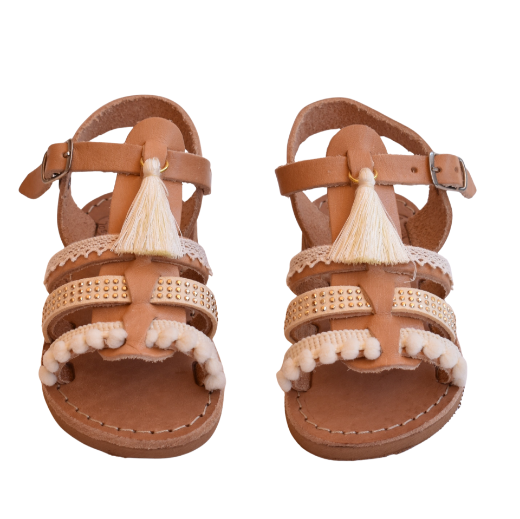 Picture of Kids leather sandals gladiator beige with tassels