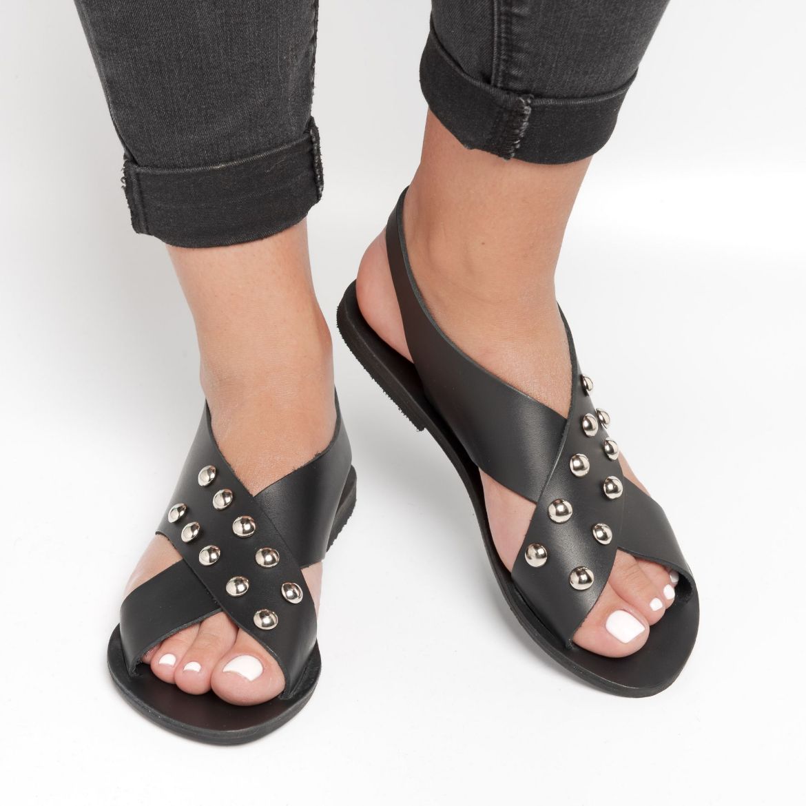 Picture of Handmade crossover black woman leather sandals with studs