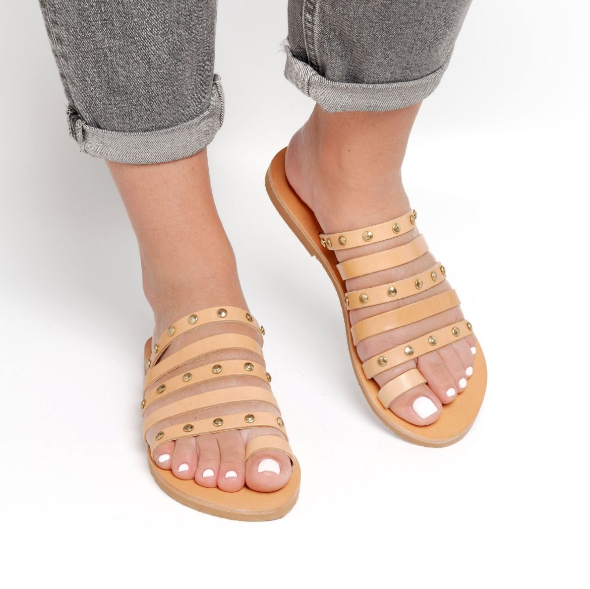 Picture of Handmade leather sandals for woman beige with studs