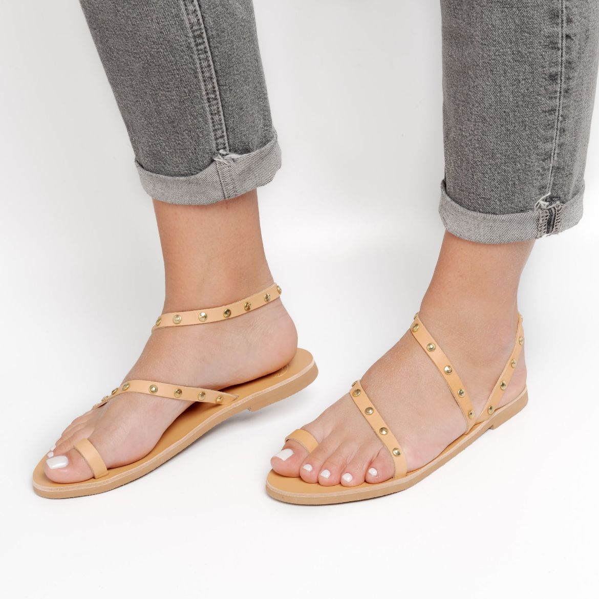 Picture of Handmade woman leather sandals beige with studs