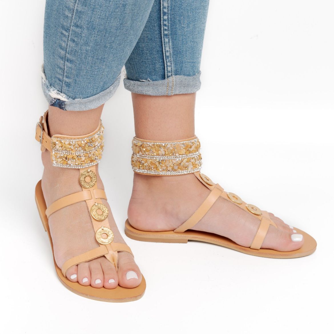 Picture of Handmade gold woman leather sandals with rhinestones
