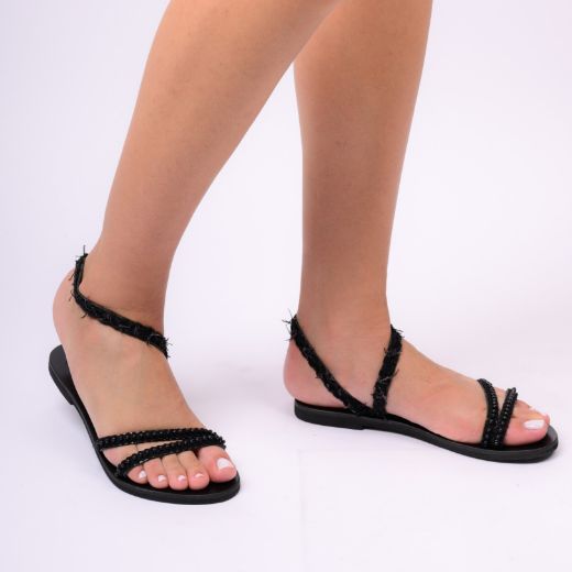 Picture of Handmade woman leather sandals black with pearls 