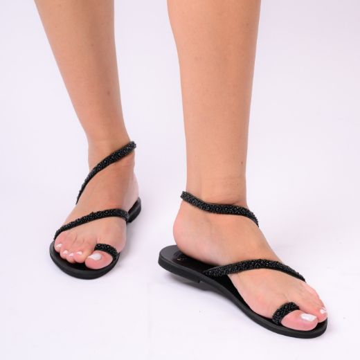 Picture of Handmade woman black leather sandals  with beads