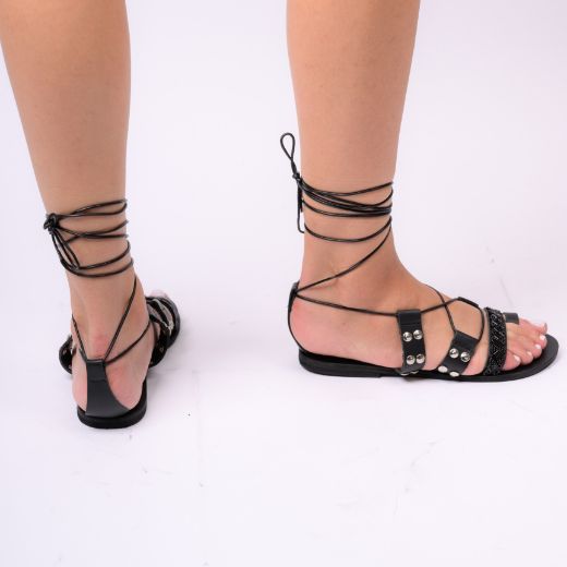 Picture of Handmade woman leather sandals black lace up with studs