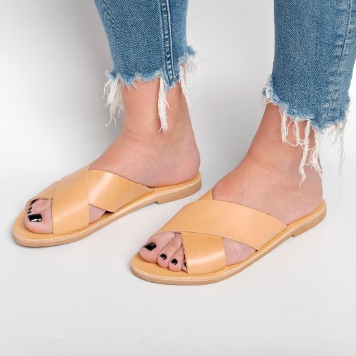 women's leather flat sandals with cross straps