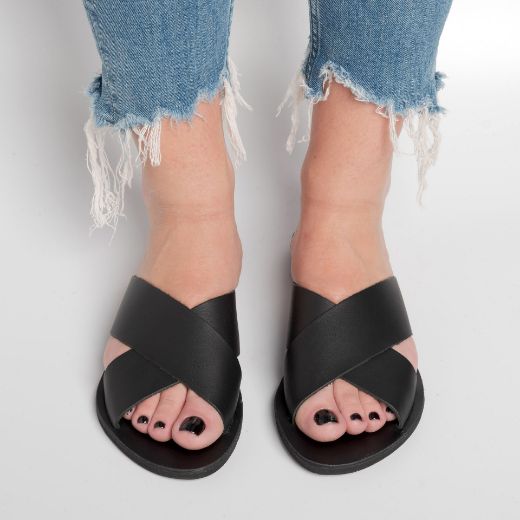 black women's leather cross strap slides