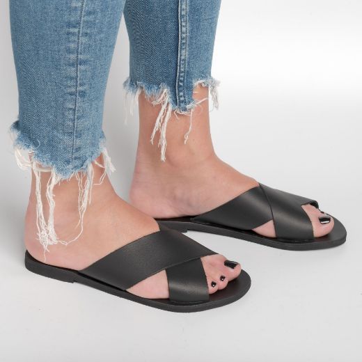 Handmade black leather flat slides for women