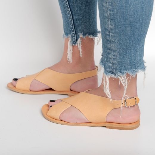 Handmade women's leather sandals with wide crossed straps