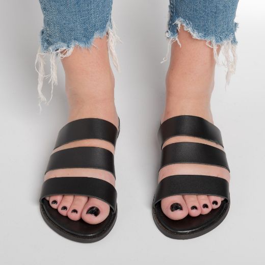 black women's leather wide strap slides