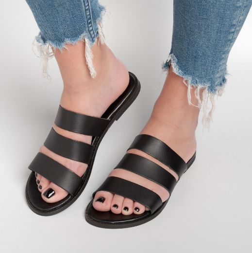 Handmade black leather slides with wide straps