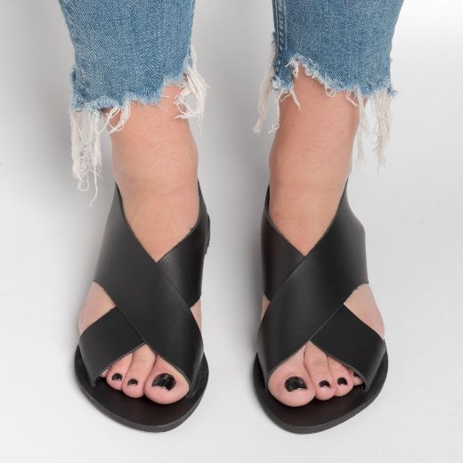 black women's leather cross strap sandals