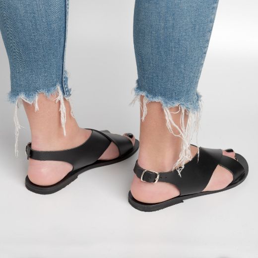 Handmade black leather slingback sandals for women