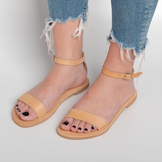 Thassos women's leather flat sandals with ankle strap