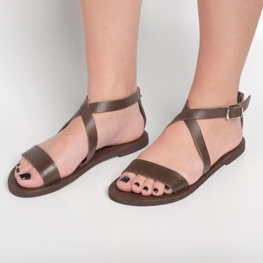 brown women's leather flat sandals with cross straps