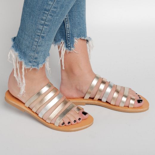 gold women's leather flat sandals with straps