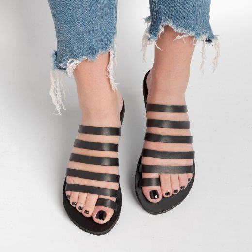 black women's leather gladiator slides