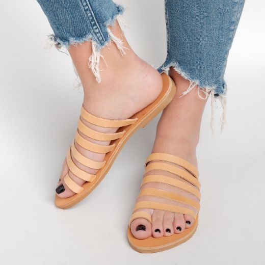 Kythnos women's leather flat sandals with slim straps