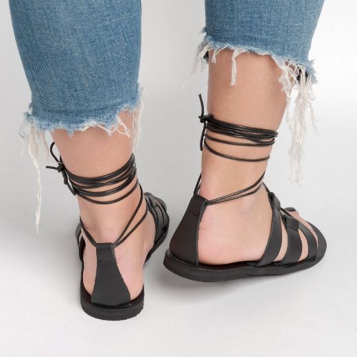 black women's leather lace up sandals