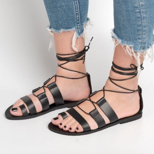 Handmade black leather gladiator sandals for women