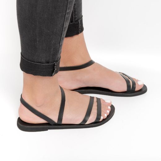 black women's leather flat sandals with thin straps