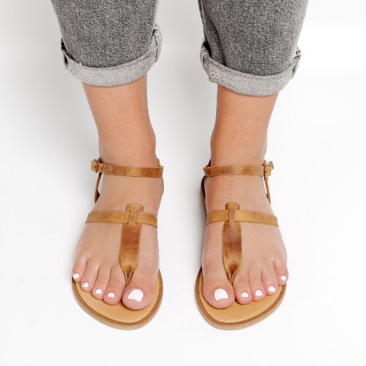 Women's tan leather sandals with soft anatomic footbed