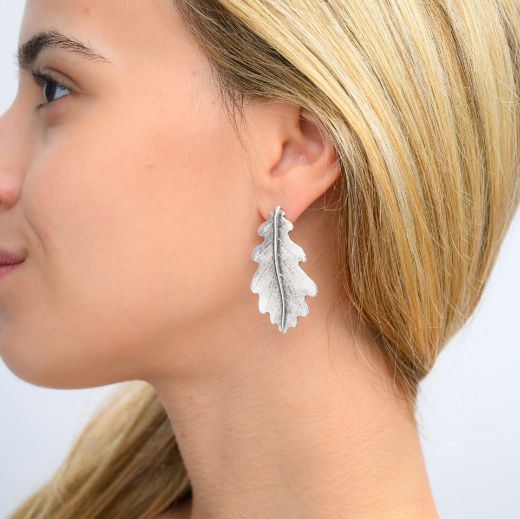 statement silver leaf earrings Elia