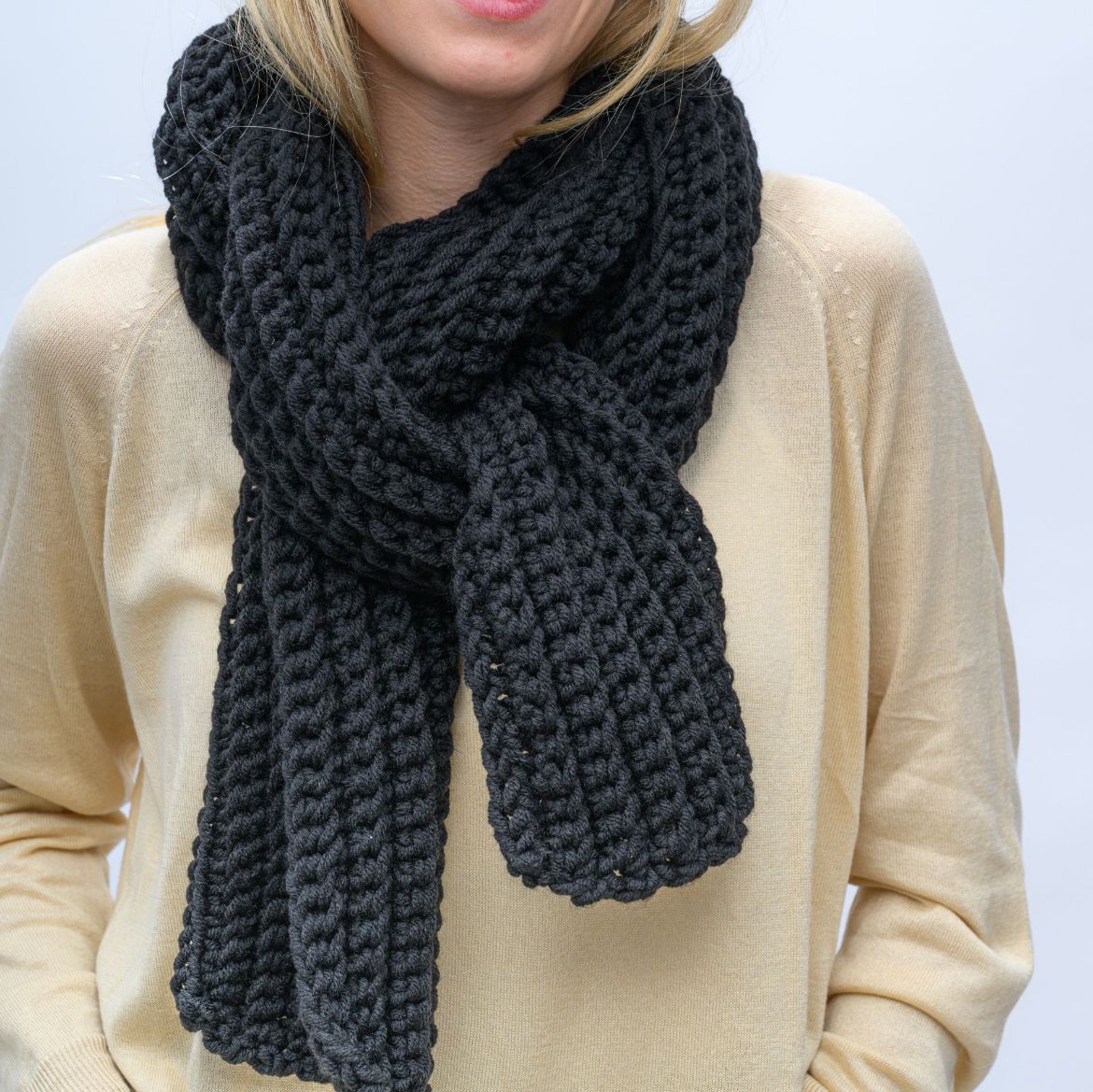 Handmade long black crochet scarf