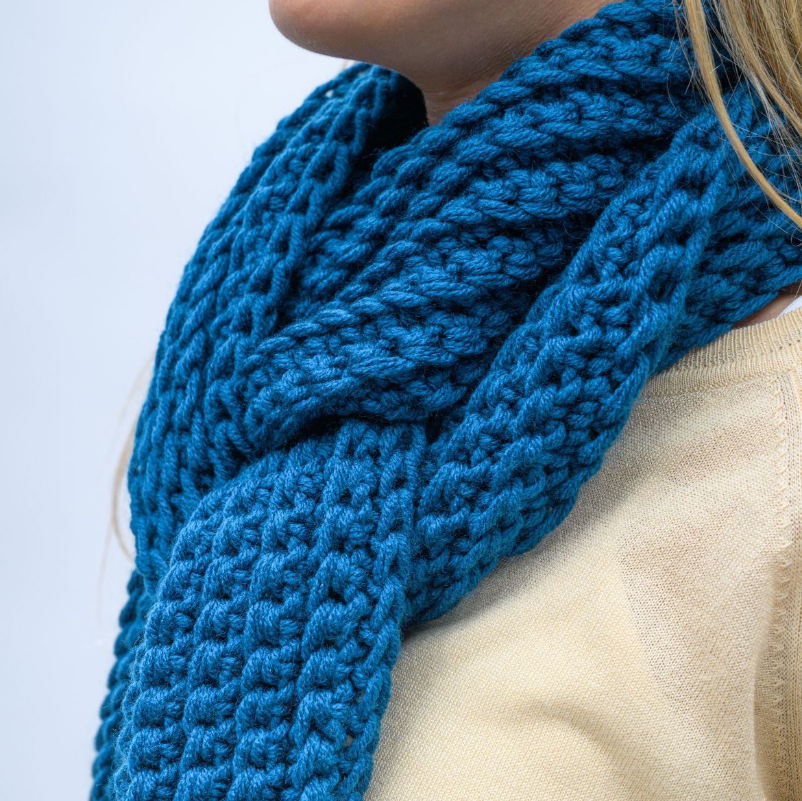 Handmade long petrol blue crochet scarf
