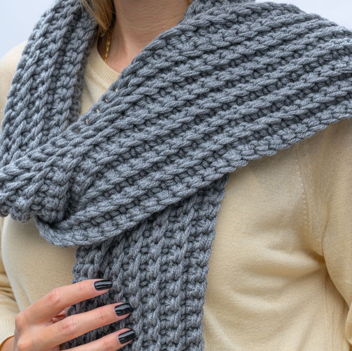 Handmade long gray crochet scarf