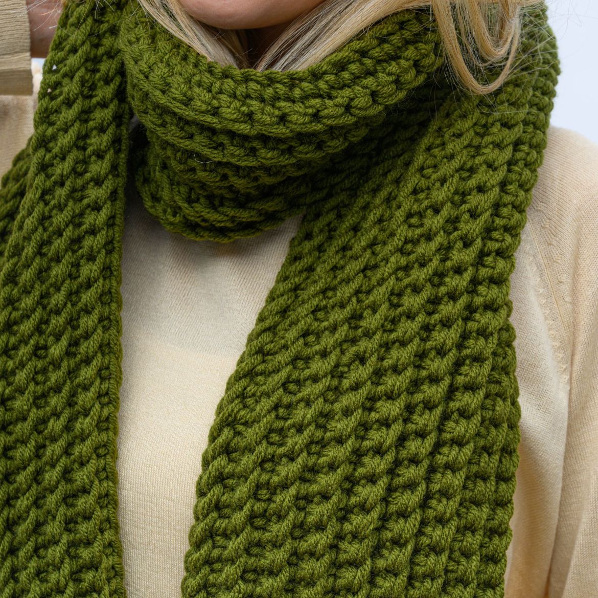 Handmade long olive green crochet scarf