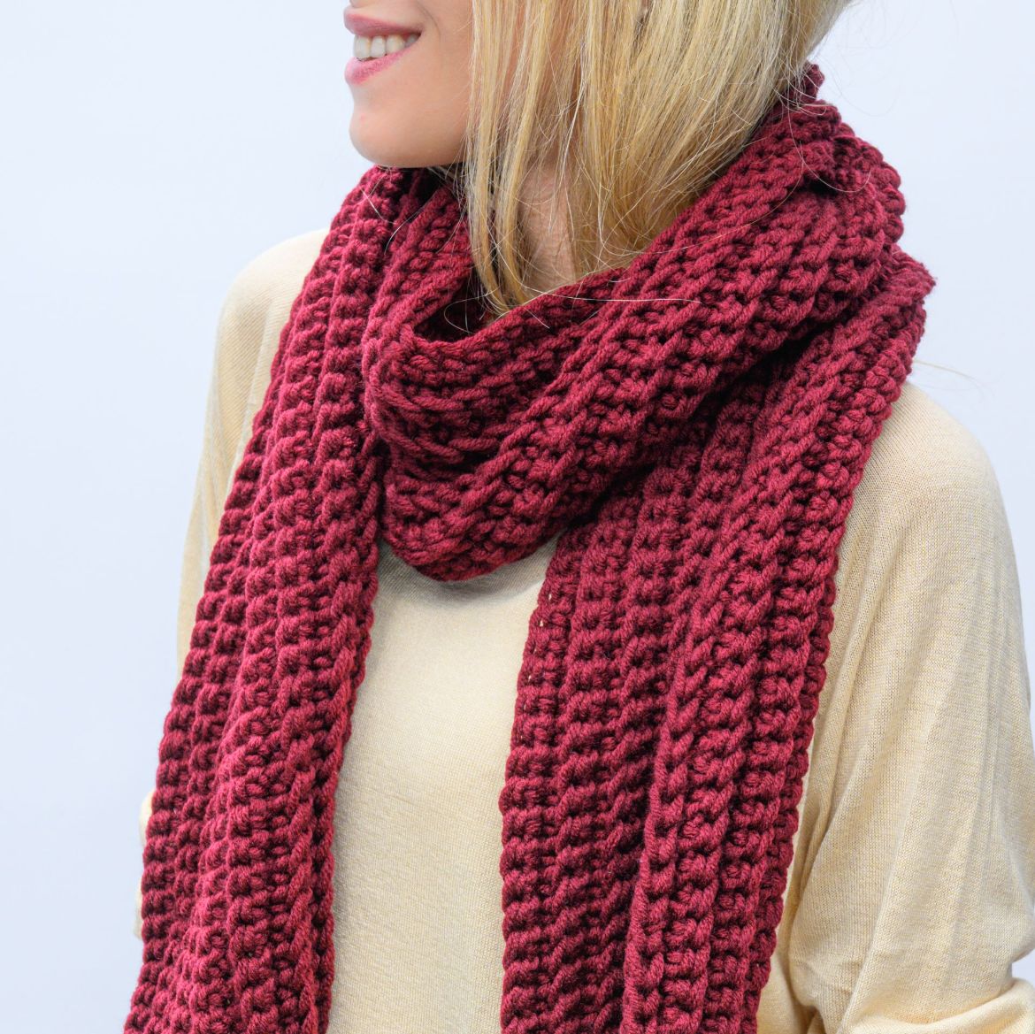 Handmade long burgundy crochet scarf