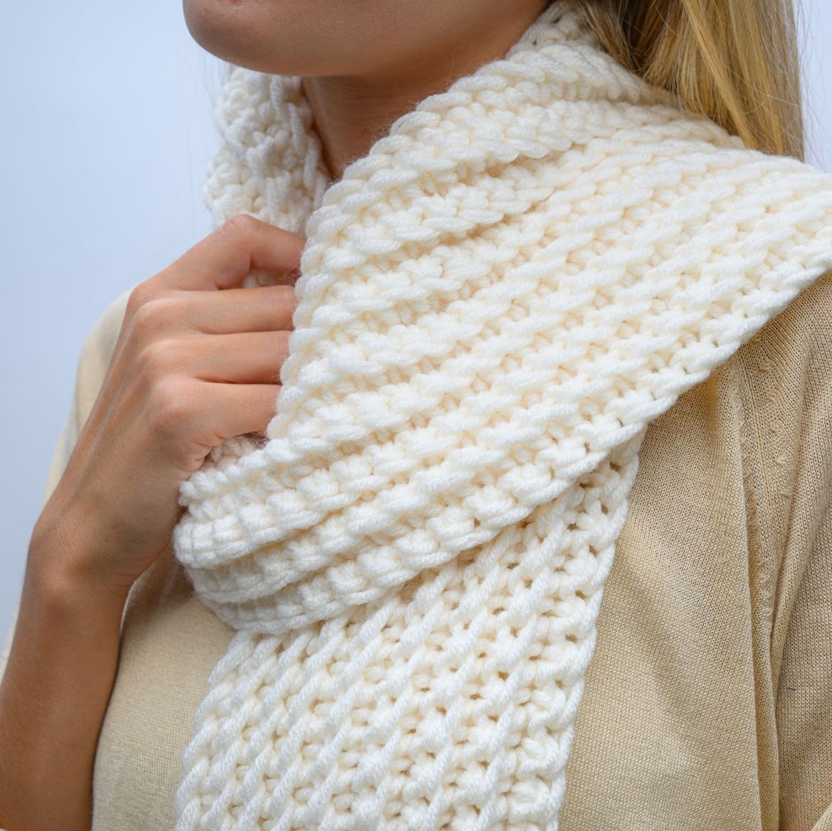 Handmade long ivory crochet scarf