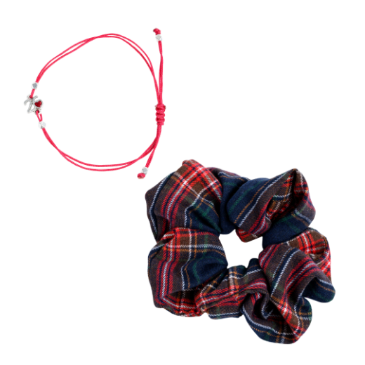 Εικόνα της Σετ βραχιόλι και λαστιχάκι κόκκινο καρό