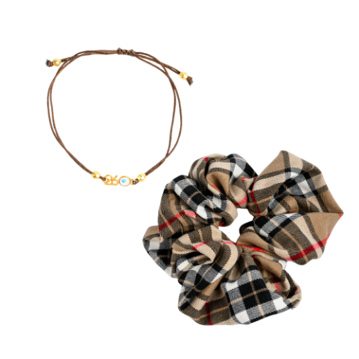Εικόνα της Σετ βραχιόλι και λαστιχάκι μπεζ καρό