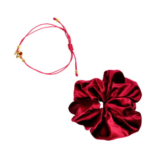 Εικόνα της Σετ βραχιόλι και λαστιχάκι κόκκινο βελούδο