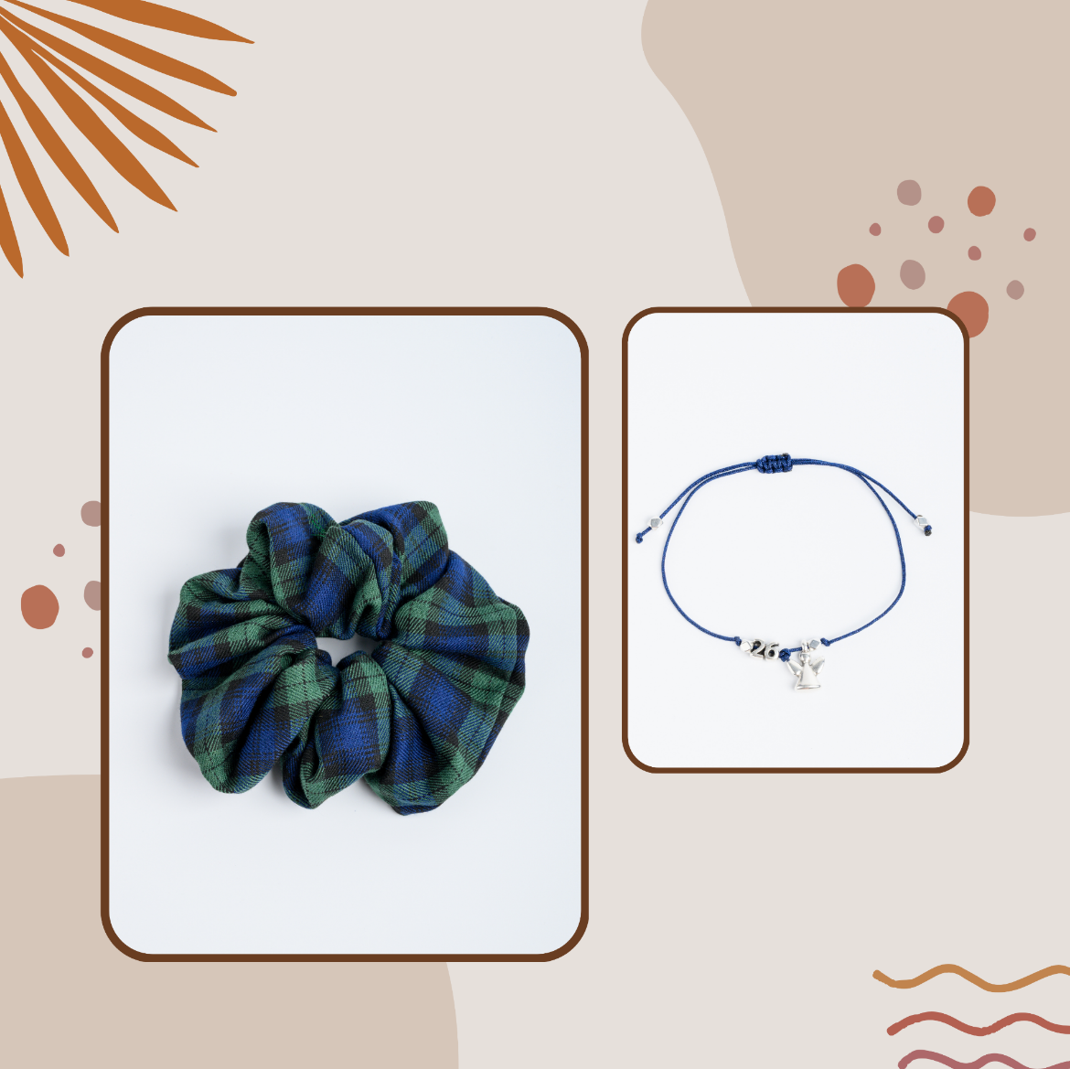 Εικόνα της Σετ βραχιόλι και λαστιχάκι μπλε καρό