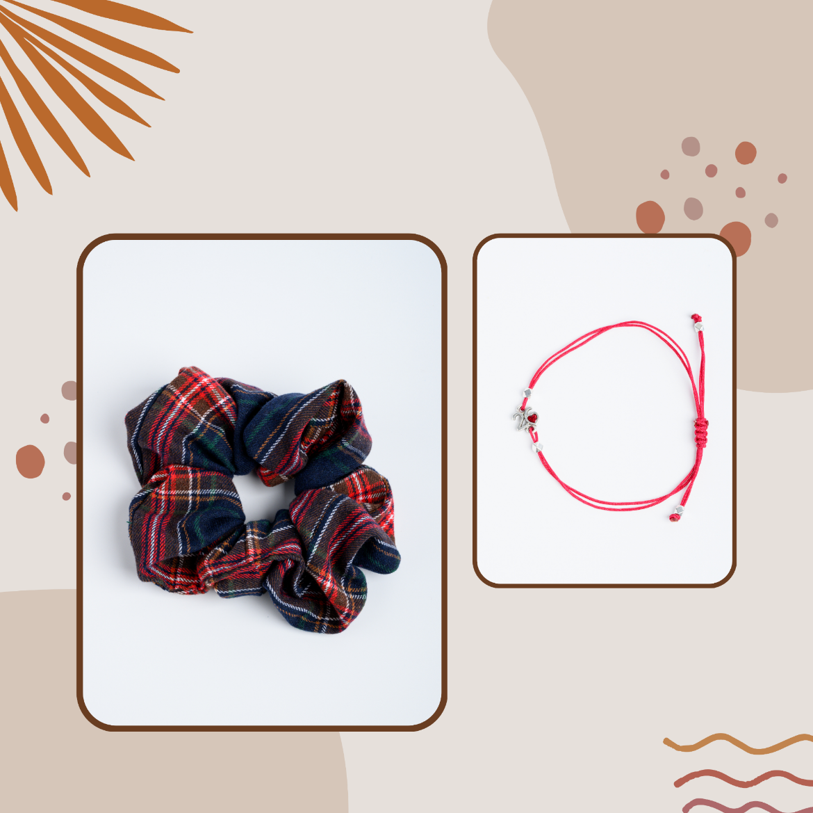 Εικόνα της Σετ βραχιόλι και λαστιχάκι κόκκινο καρό