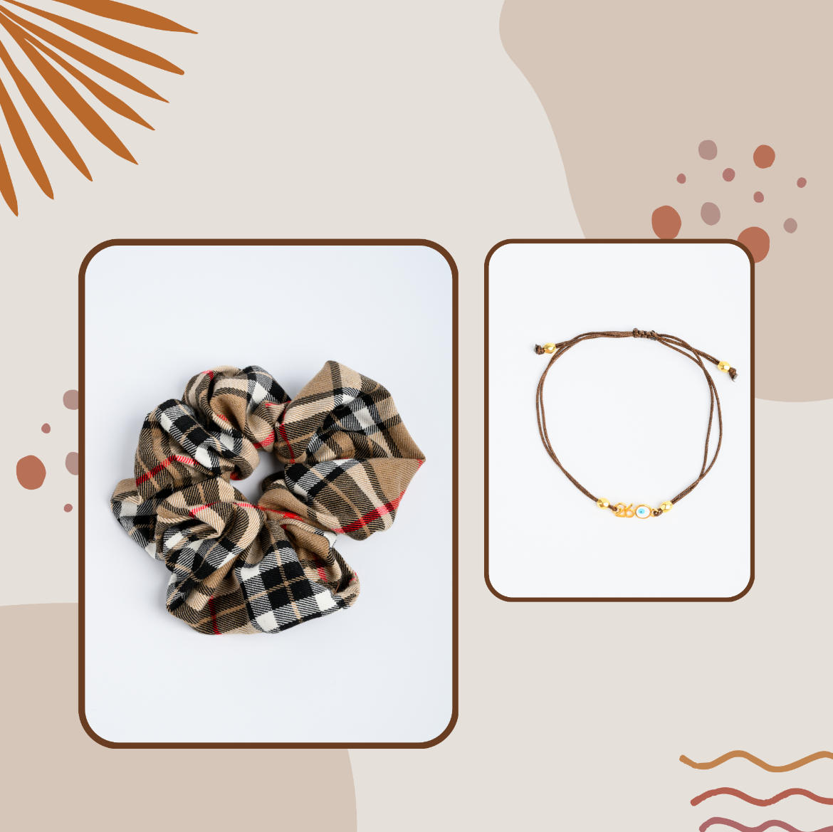 Εικόνα της Σετ βραχιόλι και λαστιχάκι μπεζ καρό