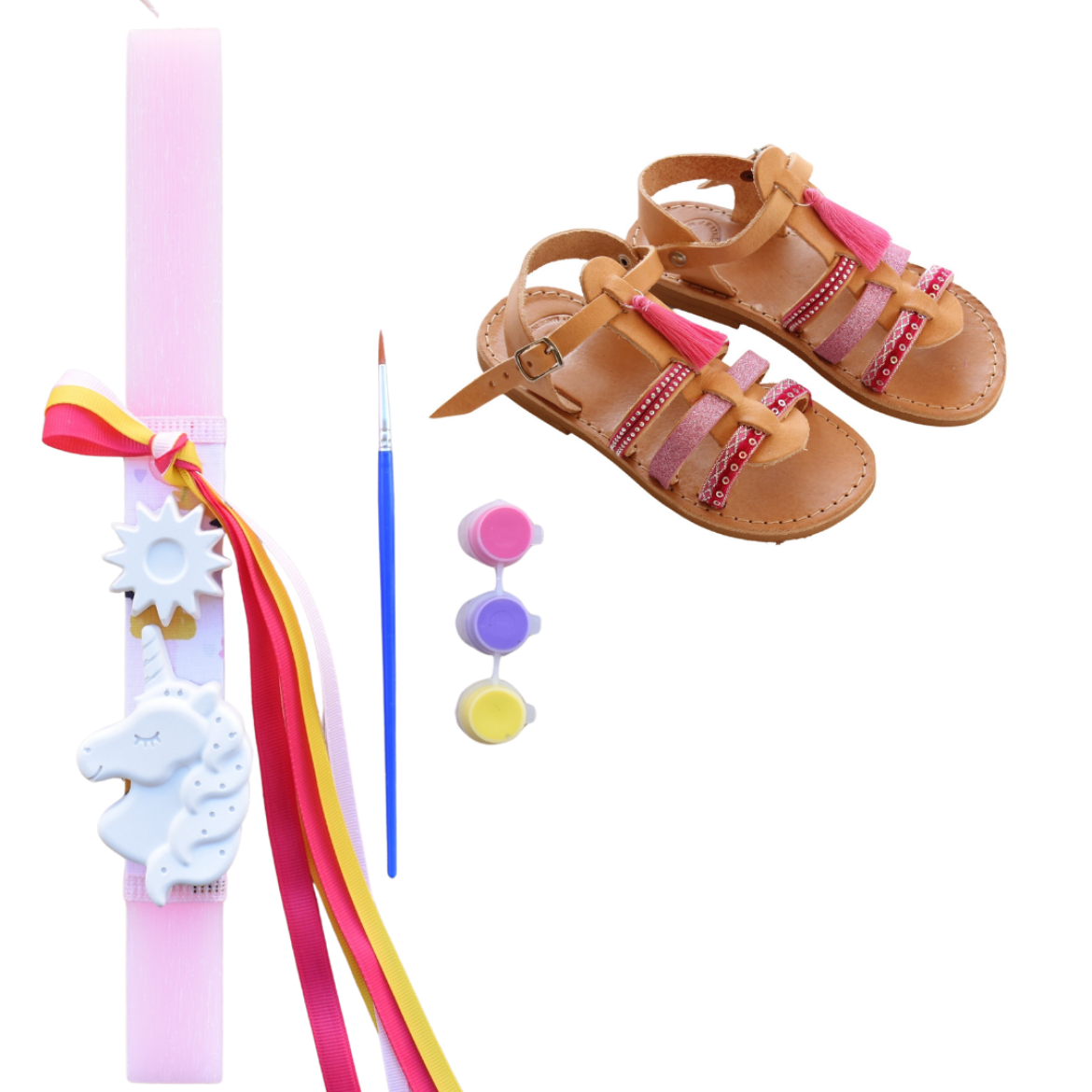Picture of Set sandals and easter candle unicorn and sun