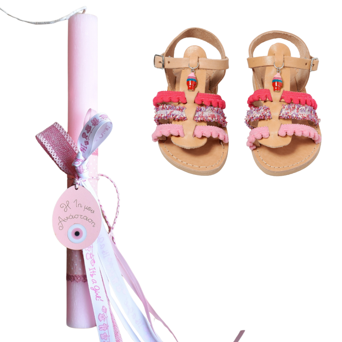 Picture of Set sandals and easter candle first easter for girl