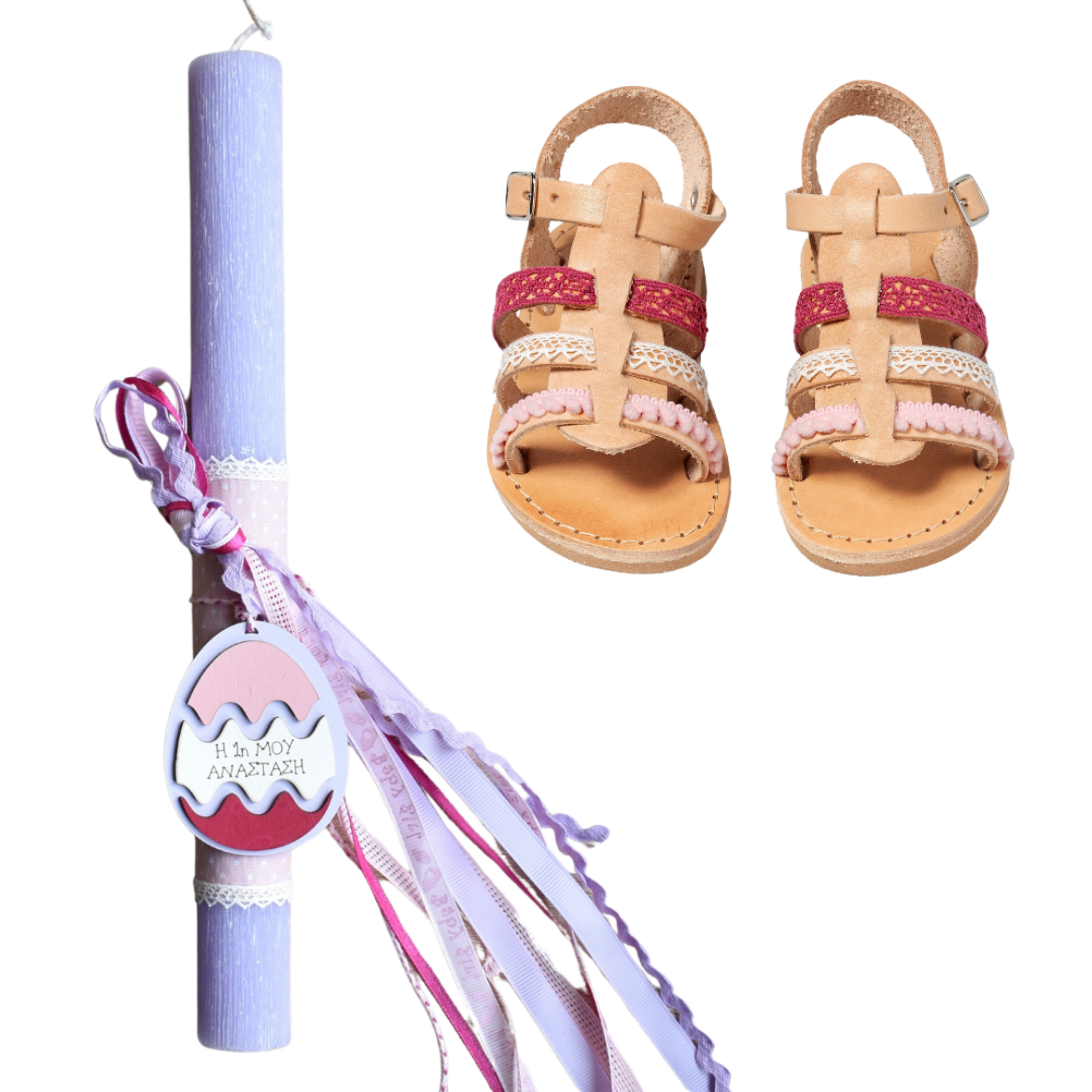 Picture of Set sandals and easter candle first easter for girl