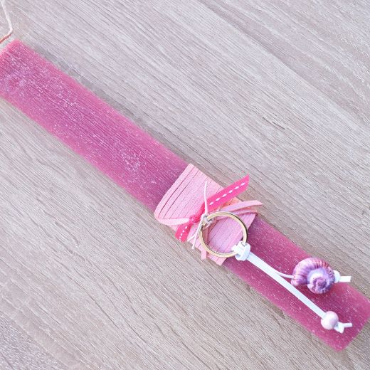 greek easter lambades candles for women in fuchsia color with metal seashell charm, orthodox easter candle for woman design