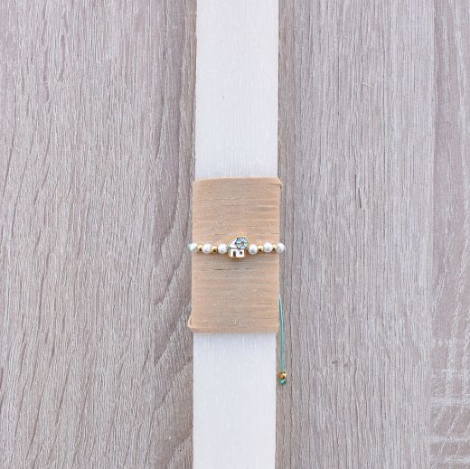 beige greek easter lambatha for women with windmill bracelet, greek orthodox easter lambatha women's style