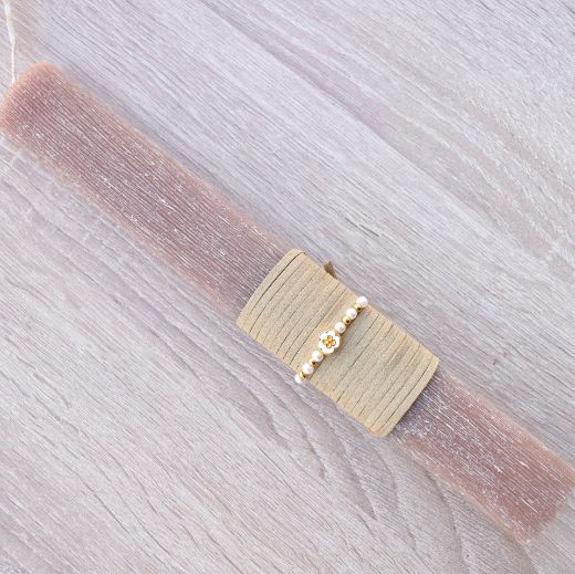 beige greek easter lambades for women with flower bracelet, greek easter candle women's style