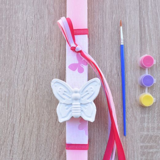 greek easter lambathes for girl in pink color with butterfly theme, orthodox easter candle for girls design
