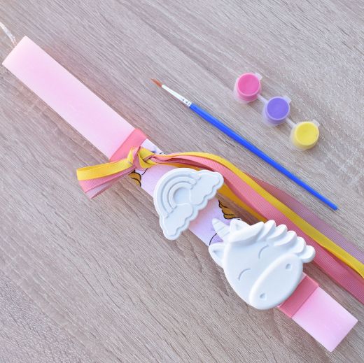 pink greek easter lambada candle for girl with unicorn decoration, lambatha candles girls style