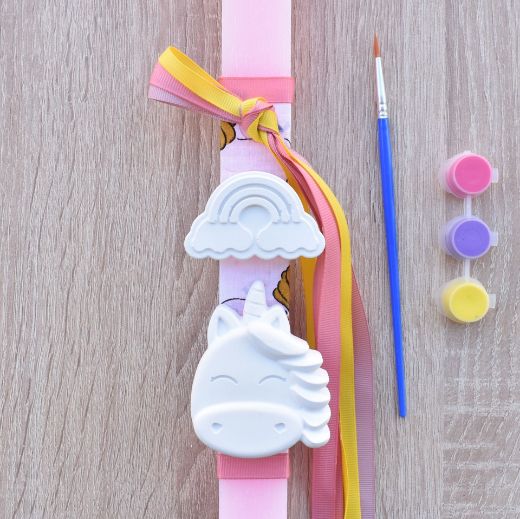 λαμπάδες για κορίτσια χειροποίητες σε ροζ χρώμα με μονόκερο, πασχαλινές λαμπάδες για κορίτσια